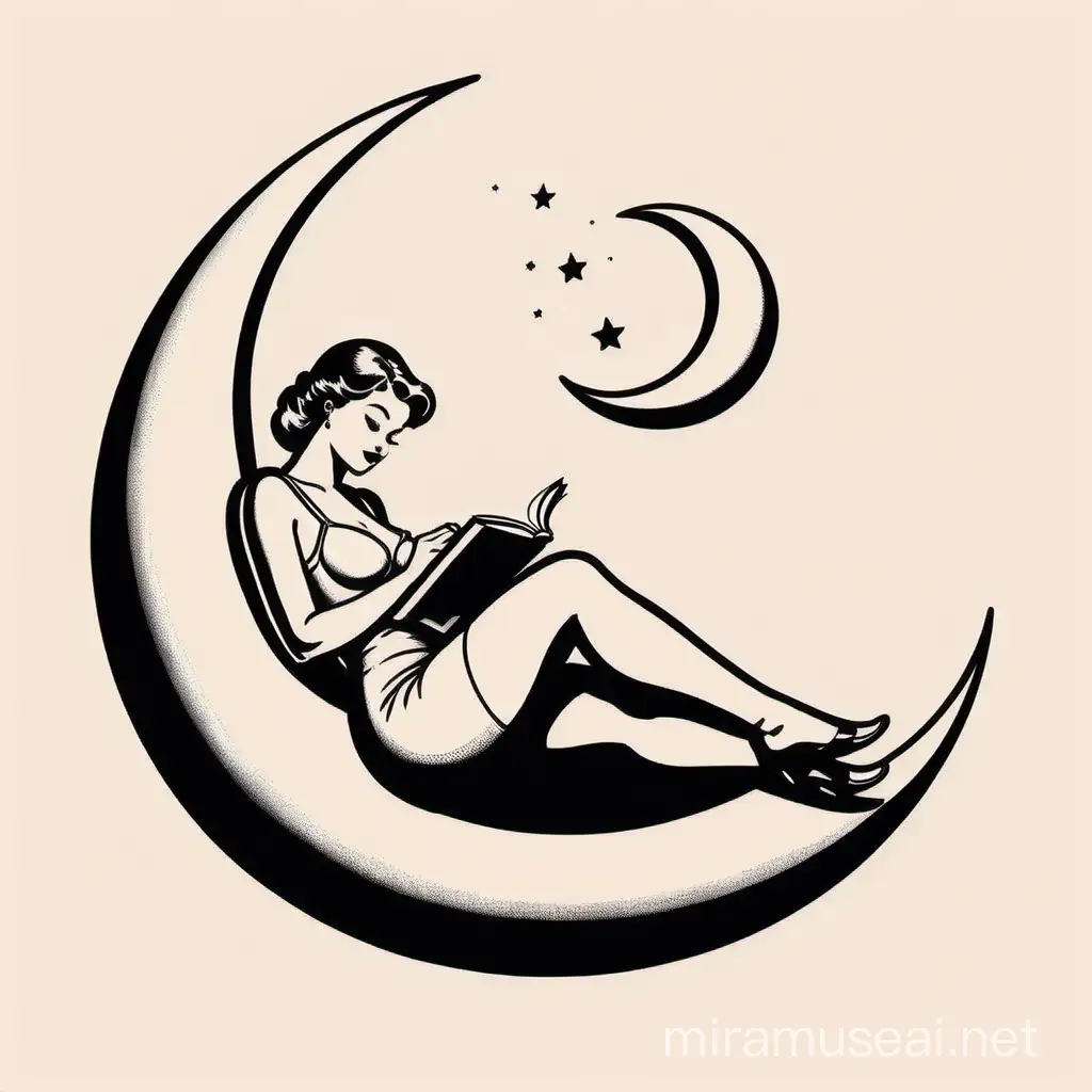 Vintage poster design, stencils, simple, minimalism, vector art,, Pinup style, Sketch drawing, flat, 2d, vintage style, Vintage lady lie back and read a book, sitting on a crescent moon, blach and white color, white background