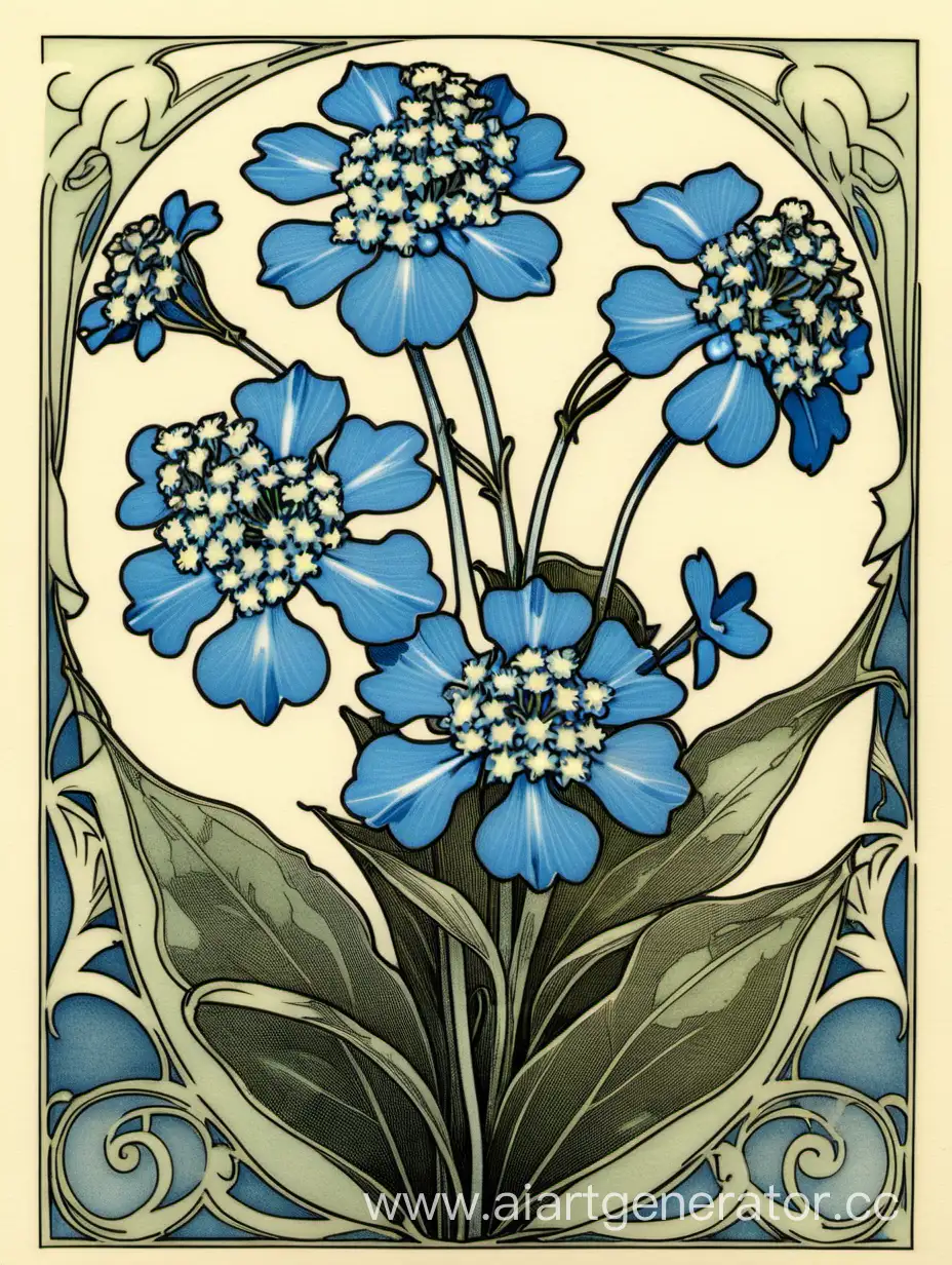  Blue  Myosotis  Floral Illustration, Art Nouveau, pen and ink, 
