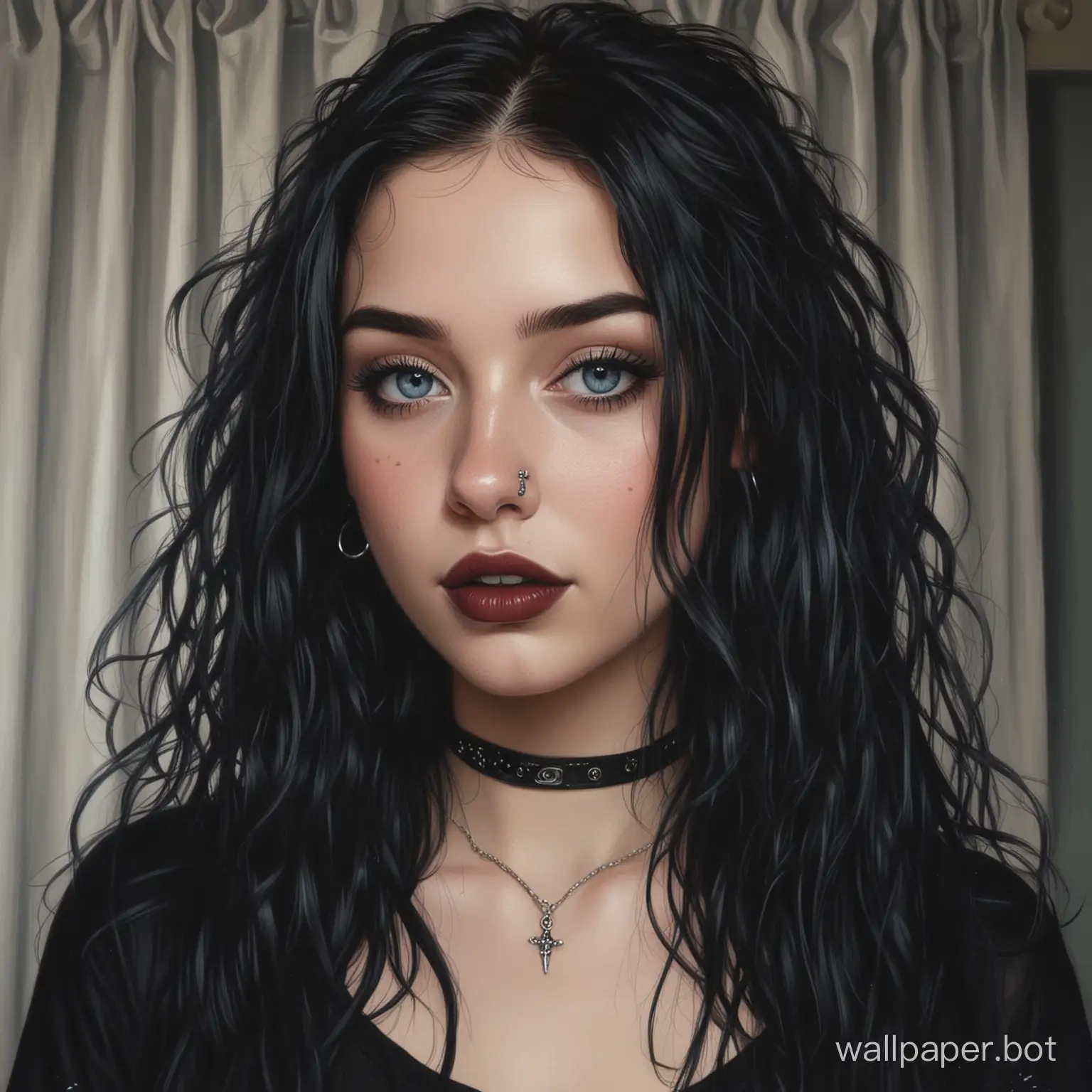painting of a beautiful 18 year old goth girl, she has nose piercings, big nose ring, nose jewelry, septum piercing, wearing black lipstick, she is pretty, she has blue eyes, she has pale skin, she has lots of freckles, black lips, she has long jet-black hair that is wavy and parted in the middle and falls in curtains, she has a beautiful innocent face, smiling, beaming, very cute, perfect, sense of wonder, Velazquez painting style