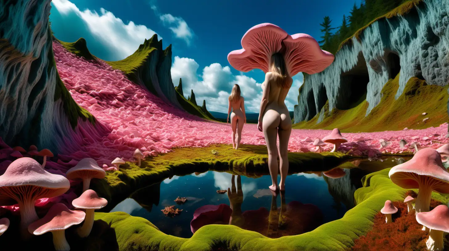 Psychedelic landscape, dramatic blue sky, large crystalline minerals, with nude woman center facing away from viewer, velvety deep green Moss, large pink chanterelle mushrooms, and water on the ground, euphoric, taken with DSLR camera, realistic lighting