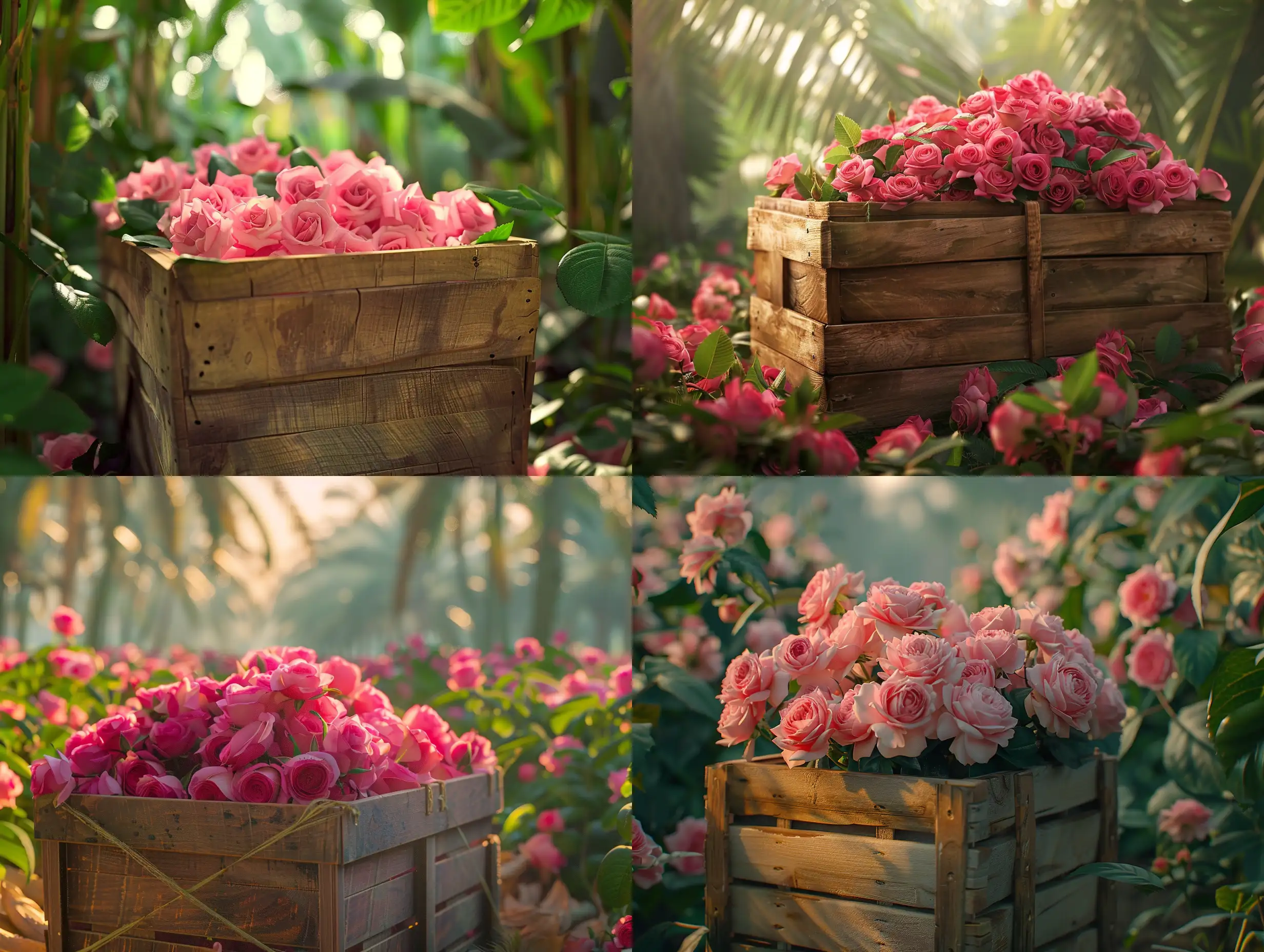  In a wooden basket filled with the famous pink Taif roses on one of Al Shifa farms, Landscape, Realism, Cinema 4D, Atmospheric perspective, Vibrant Colors, Jungle, Rangefinder Camera, Cinematic Lighting, Love‎,