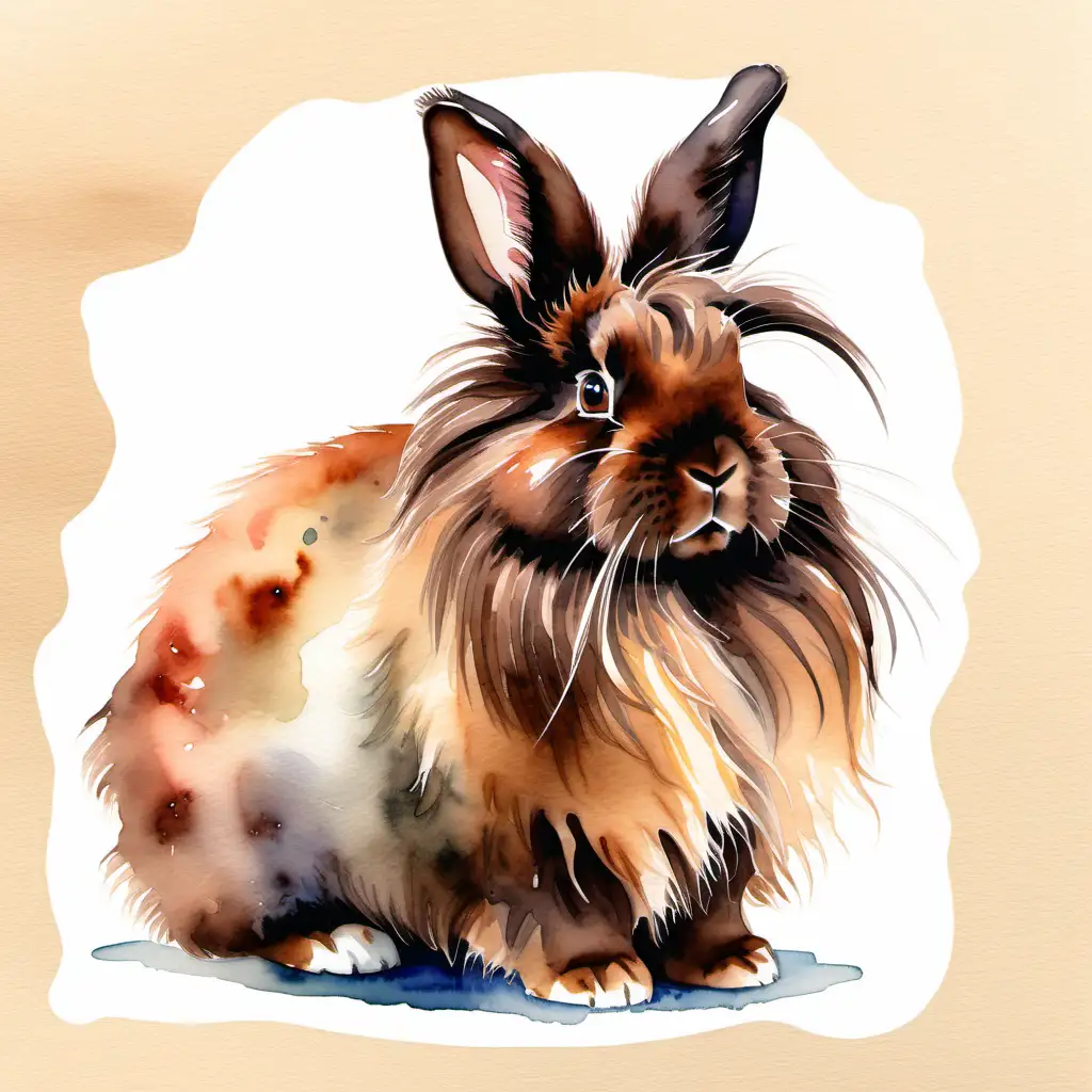 Two Chocolate Fluffy Maned Lionhead Rabbit Watercolor With Small Ears Full Body