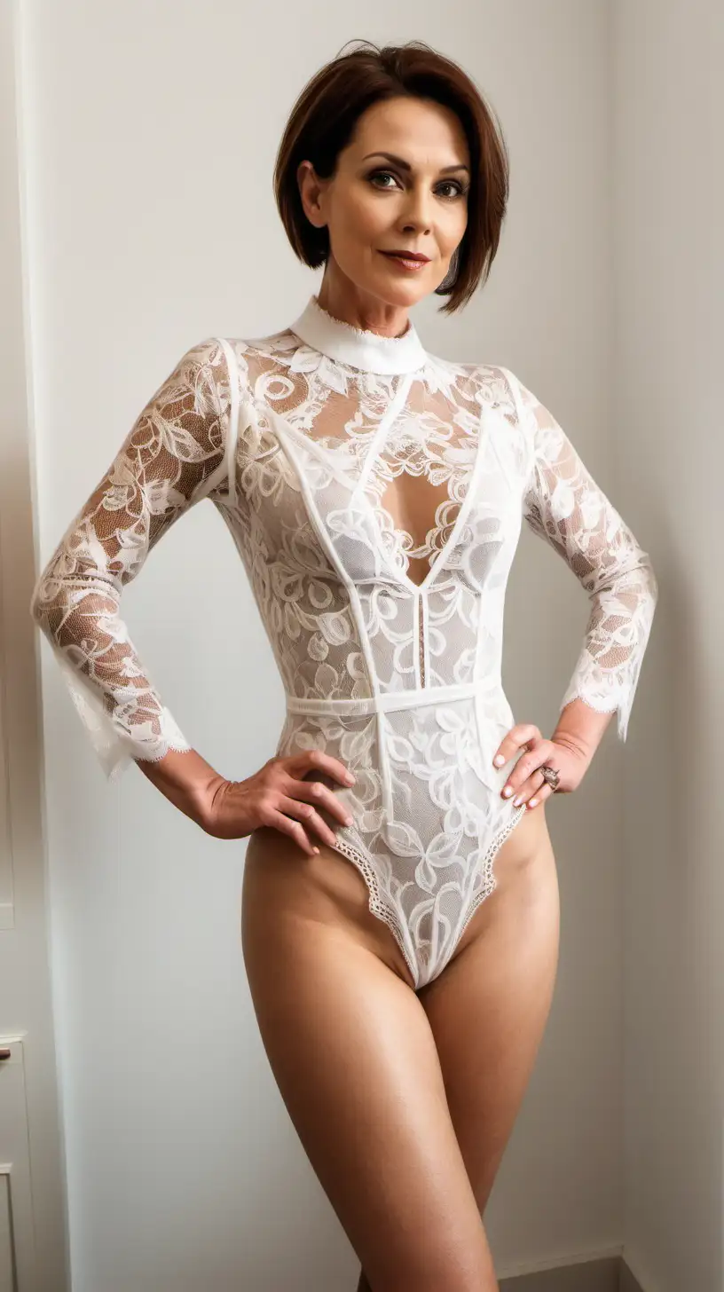 Model: Full body, Instagram influencer, face 37 years old, body shape: 45YO, MODEL: light brunette, short hair, 85 kg, runs a fashion profile, poses at secretary office, in a elegant bodysuit made of lace, style: real life, the body is visible through the material, it is very transparent, lace, transparent bodysuit, large neckline,