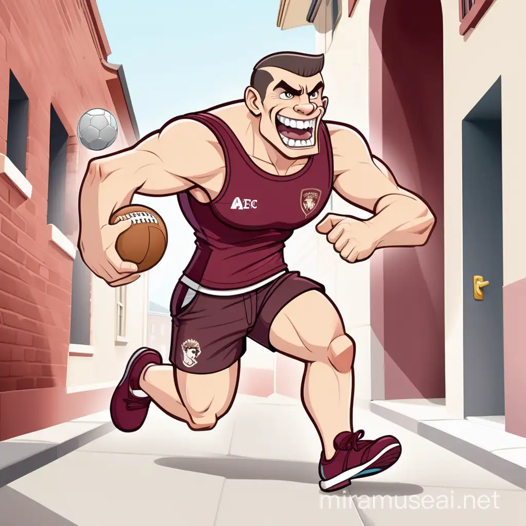 muscly man, AFL player, cartoonish, big teeth, big grin, overly distended jaw, clean shaven, Caesar haircut, stoop down running with a ball, maroon singlet, full body shot, e-sport mascot logo, vector style