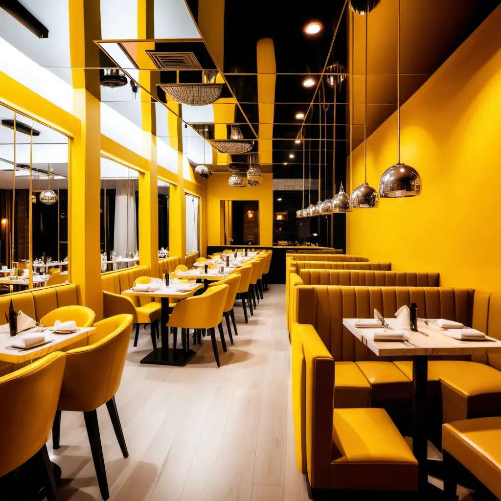 A restaurant with yellow colors that has mirrors and warm colors. A modern look