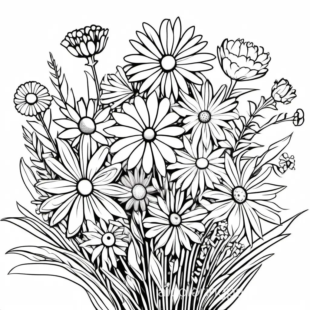 A bouquet bursting with an array of wildflowers, each with its own unique shape, Coloring Page, black and white, line art, white background, Simplicity, Ample White Space. The background of the coloring page is plain white to make it easy for young children to color within the lines. The outlines of all the subjects are easy to distinguish, making it simple for kids to color without too much difficulty