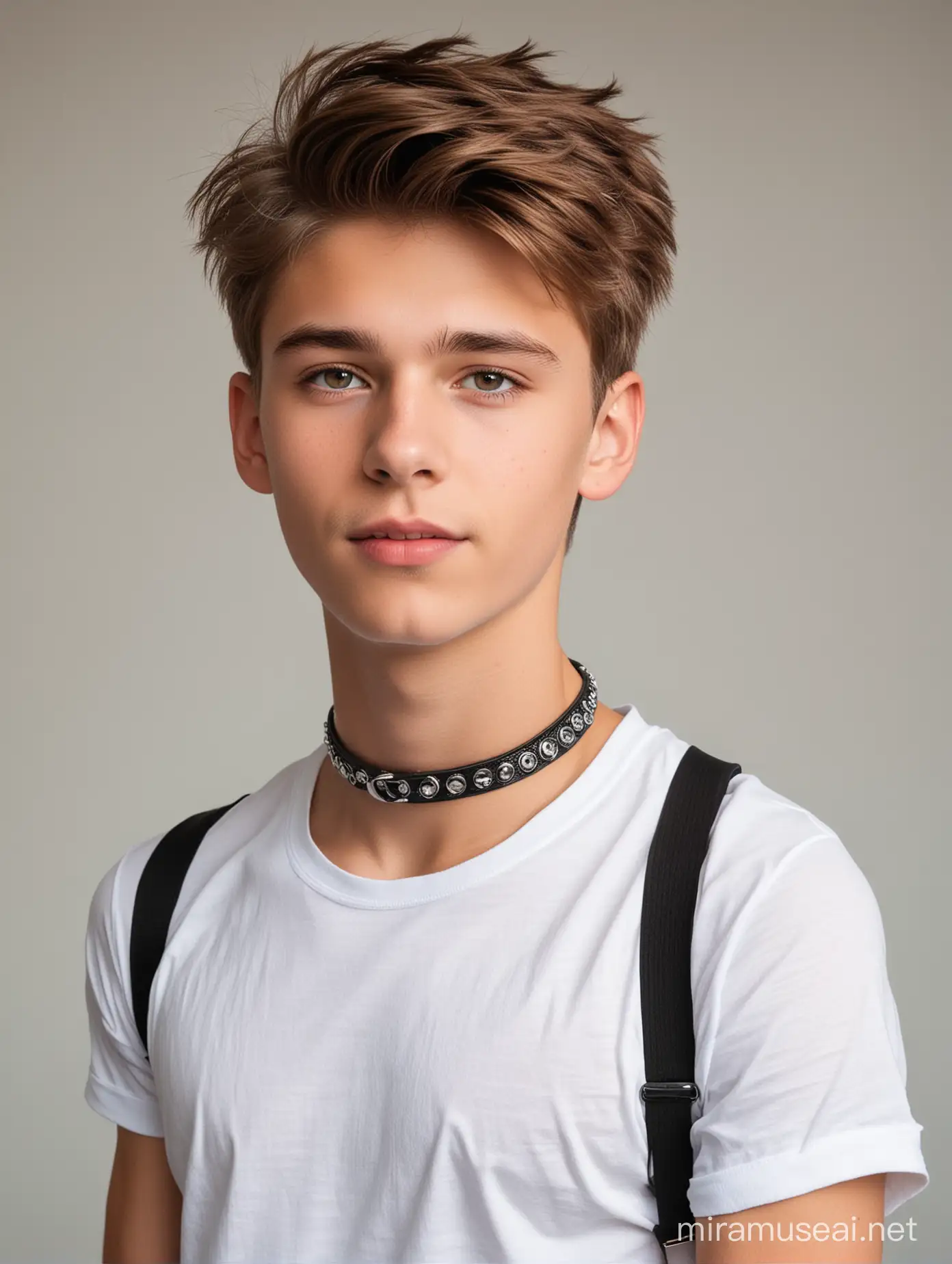 A beautiful young twink with a dog collar around his neck, wearing a white t-shirt