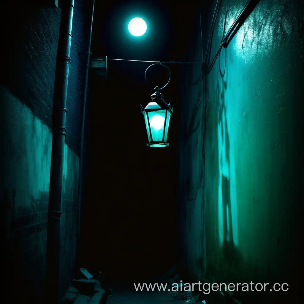 темный переулок с фонарем зелено голубым светом падающим на плакат по центру изображения