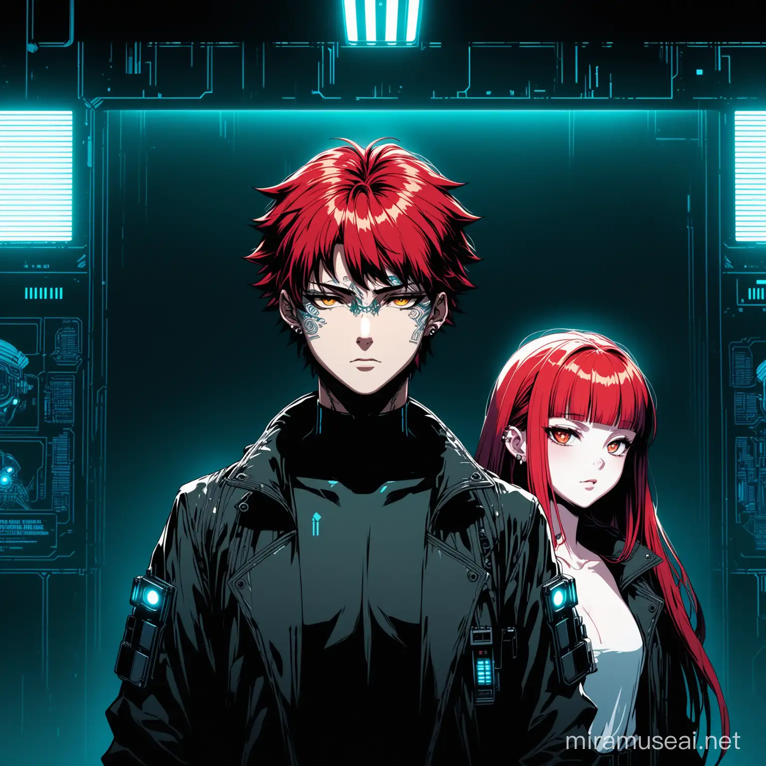 Kyoto animation stylized anime mixed with futuristic cyberpunk artworks ~ two twins, one young female and one young Male staring into the camera for a mugshot or ID photo with a blank or unamused facial expression. Both have red hair, girl has long red hair, both are in cyberpunk outfit pale skin, both have face piercing and face tattoo, both are posing dynamically in white background. Cinematic Lighting, dark lighting, dystopian view, ethereal light, intricate details, extremely detailed, complex details, insanely detailed and intricate, hypermaximalist, extremely detailed with rich colors. masterpiece, best quality, aerial view, HDR, UHD, unreal engine ((acrylic illustration by artgerm, by kawacy, by John Singer Sargenti) dark fantasy background, blade runner, akira, fair skin, altered reality, rich in details, high quality, gorgeous, dystopian, neon signs, final fantasy style, gorgeous, glamorous, 8k, super detail, gorgeous light and shadow, detailed decoration, detailed lines, glitchy aesthetic, mugshot, 1x1