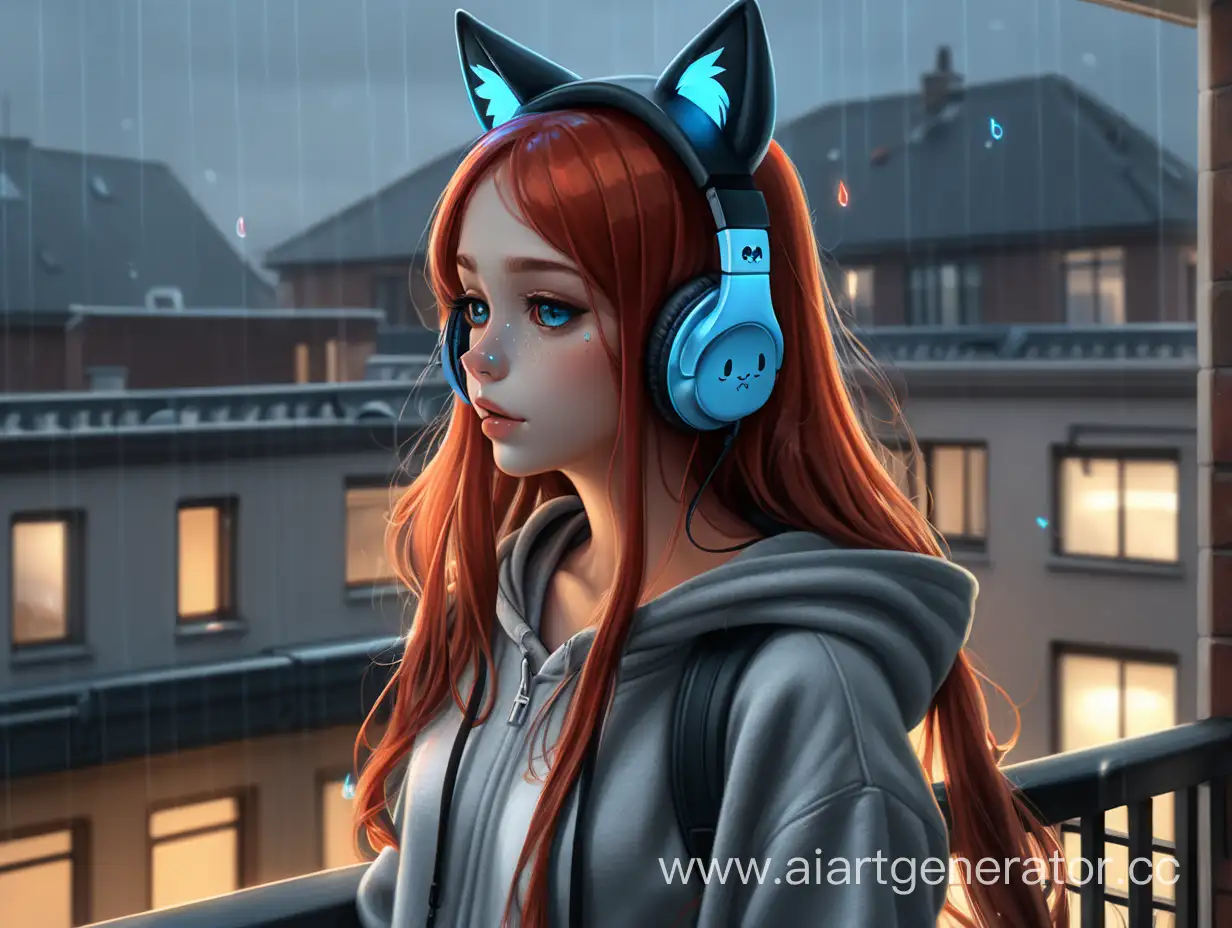Rainy-Day-Mood-RedHaired-Girl-in-CatEar-Headphones-on-Balcony