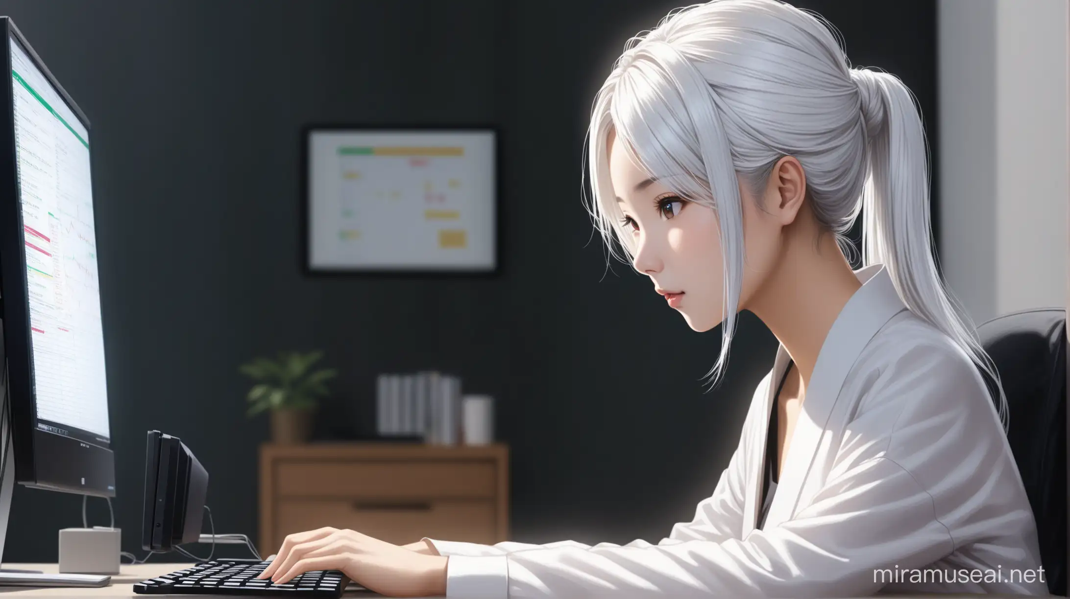 красивая девушка с белыми волосами, стиль прически карэ, азиатской внешности, торгует на фондовой бирже через свой домашний компьютер.  реалистичность, 4к