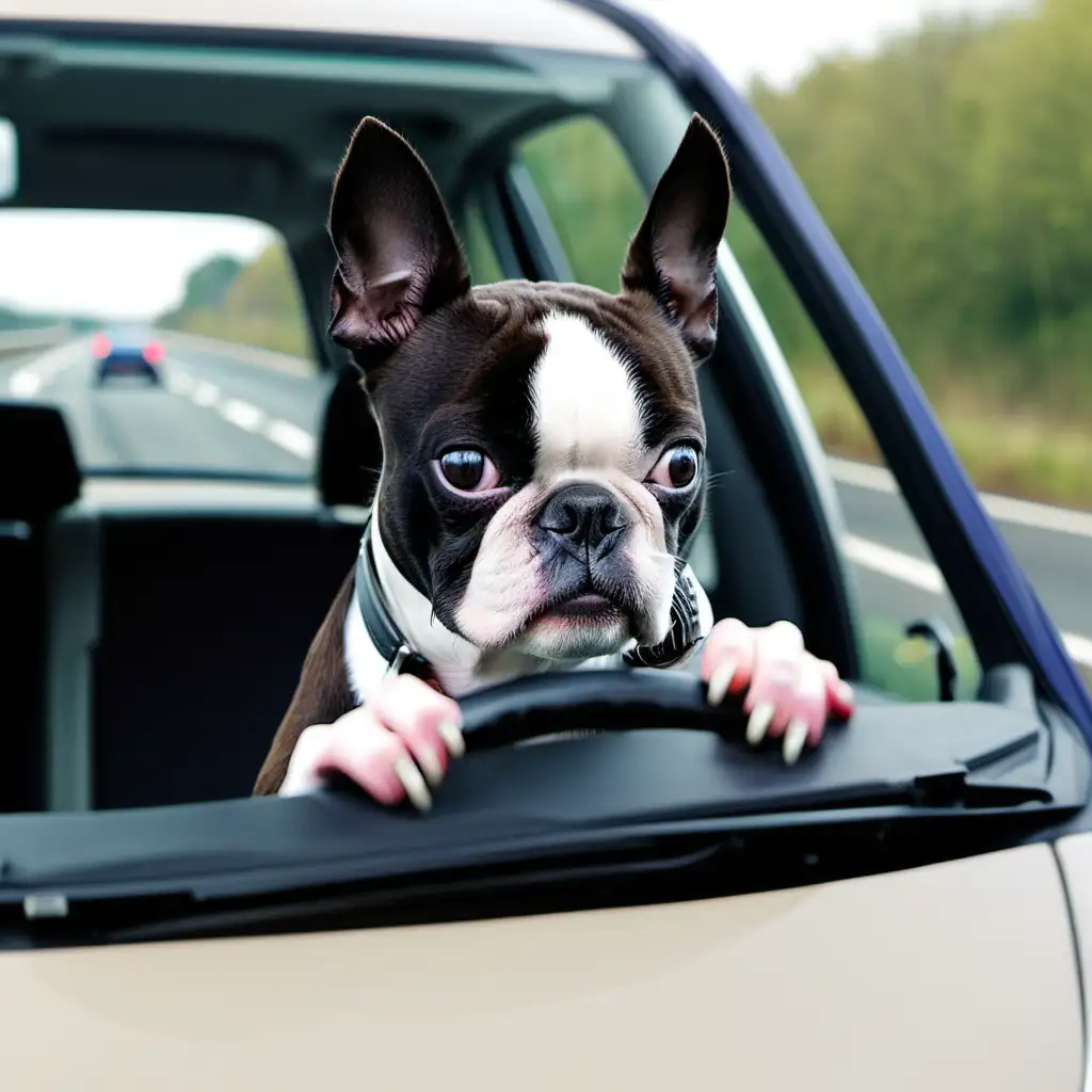A Boston terrier driving a car on a UK motorway 