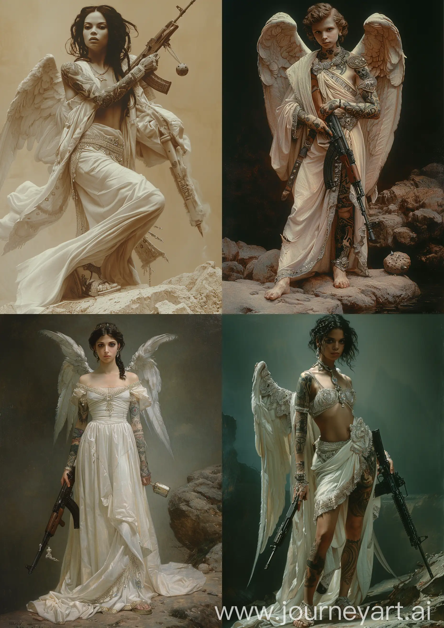 Tattooed-Angel-Warrior-in-Opulent-White-with-Kalashnikov-and-Grenade-on-a-Rock