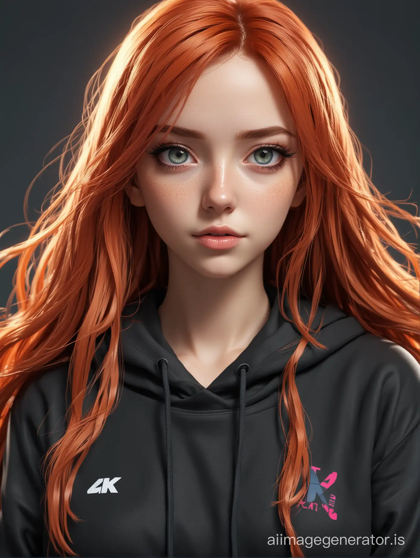 4k, anime woman, long redheads vibrant hair, black sweatshirt, lanyard, ultra-detailed, detailed eyes, anime, vibrant colours