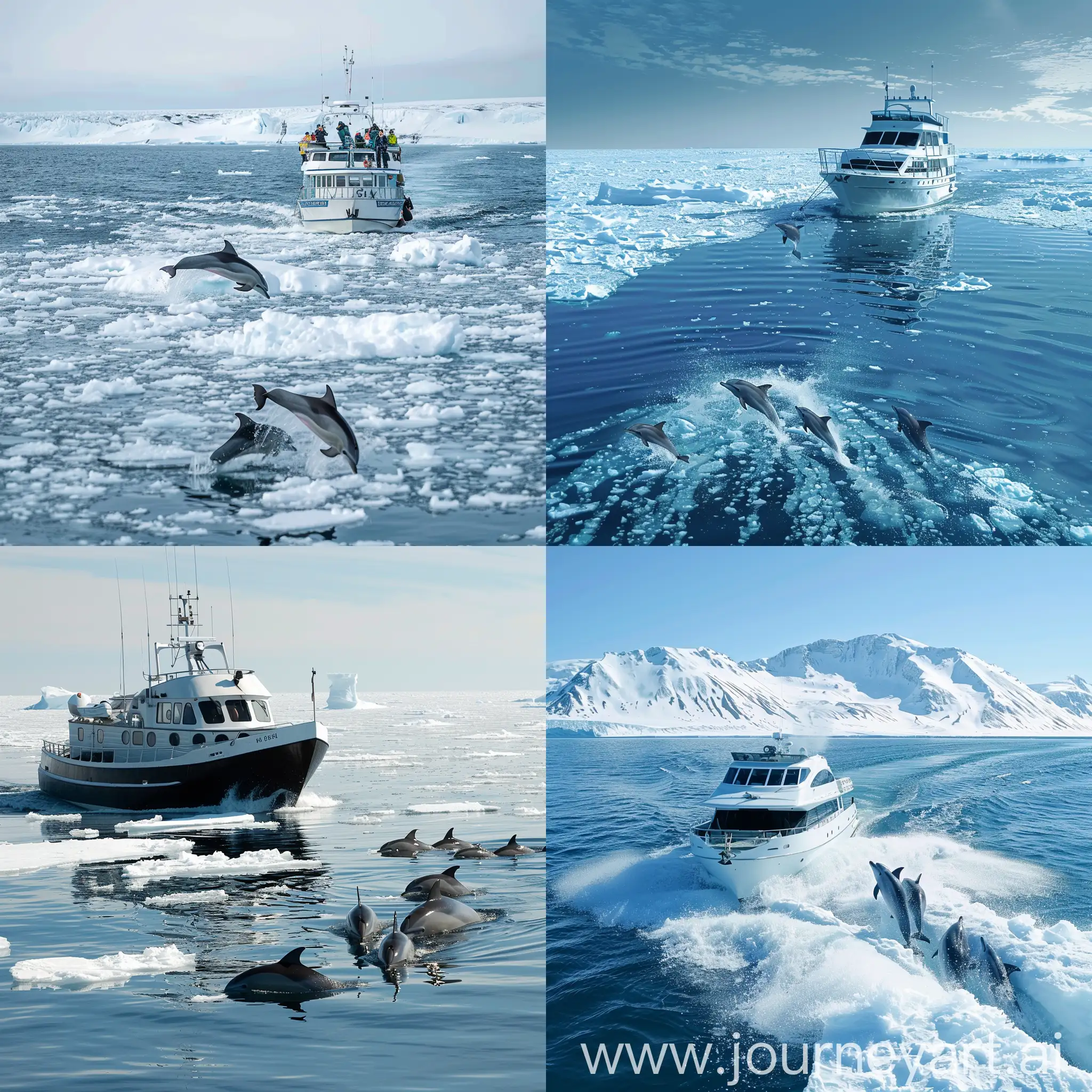 Boat in arctic swimming dolphins around braking the ice 