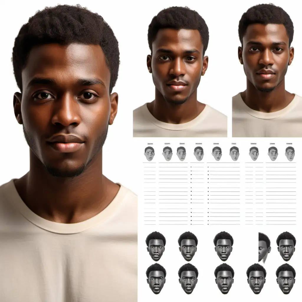 realistic photography of handsome young black man with brown eyes, character sheet, spacing and margins, multiple angles