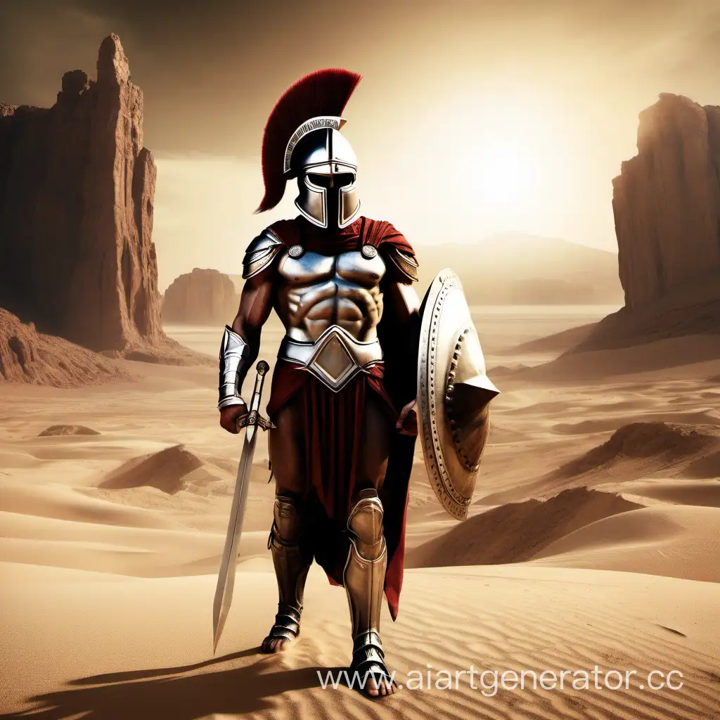 спартанец в коринфском шлеме стоит на фоне пустыни, с суровым взглядом