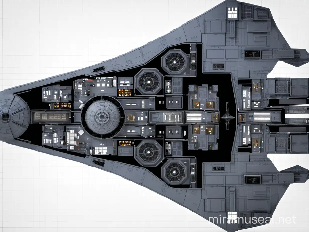 план космического корабля (звездный разрушитель из звездных войн) с видом сверху, покажи комнаты