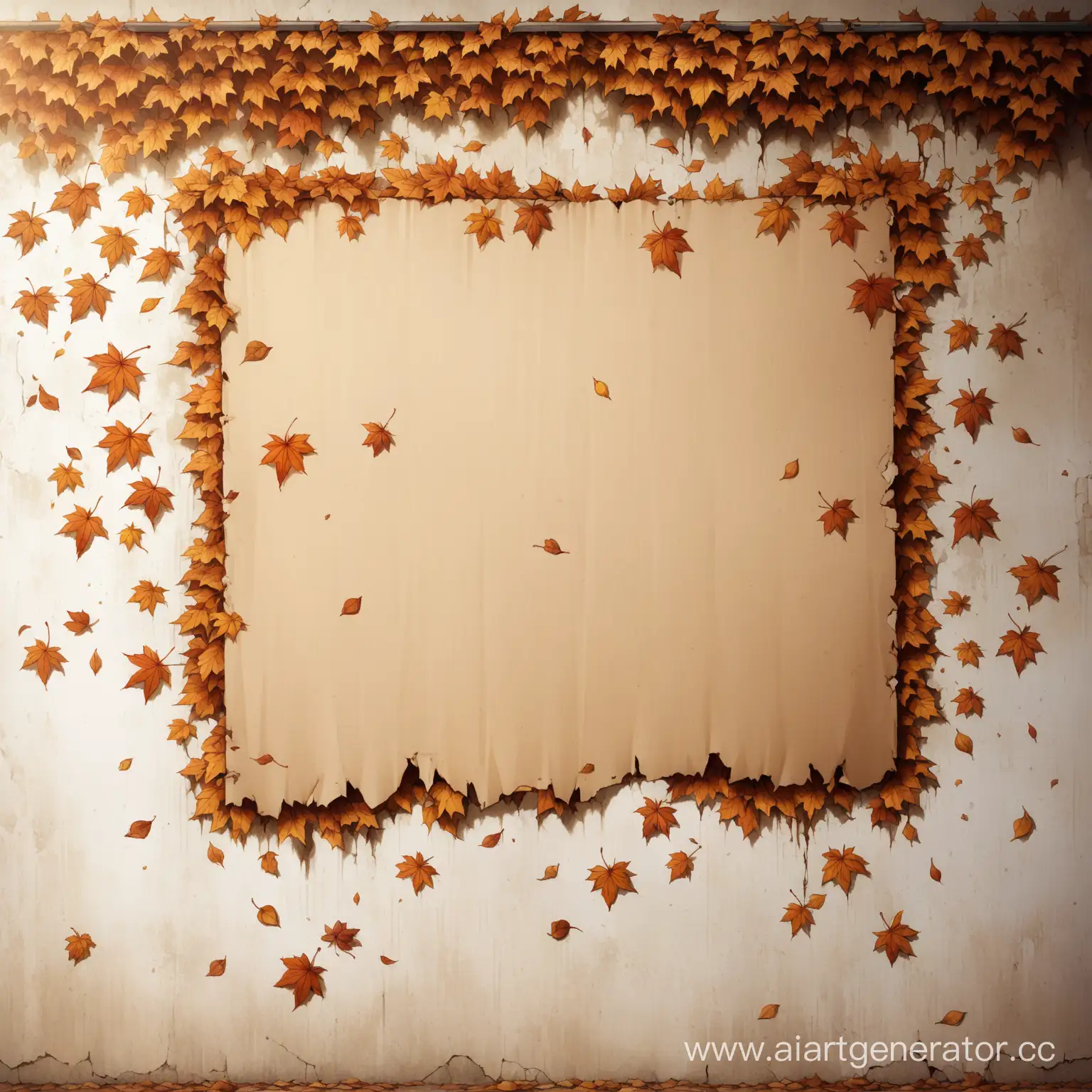 Объявление в виде пустого листа на стене с оторванными концами внизу, стена старая, пошарпанная, вся в листьях и рисунках
