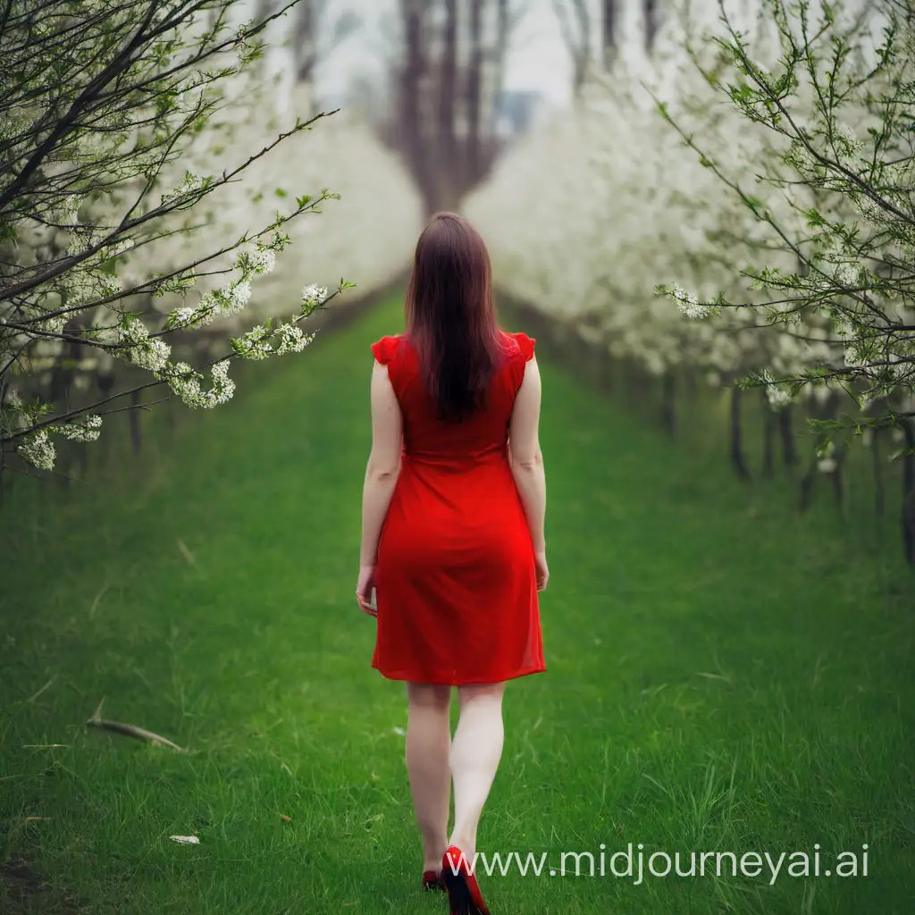 A woman in a red dress . From back. Nature. Spring.