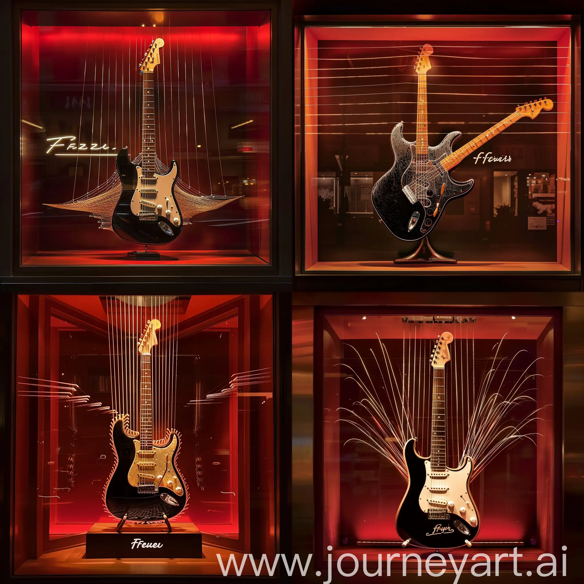 A Fender Guitars shop window  with a single black and white electric guitar on its own stand, the strings of the guitar seem to extend from the tuning keys  all the way to the ceiling of the window  as if it has no end and resembles a musical amphitheater. The background is dark red with warm lighting .