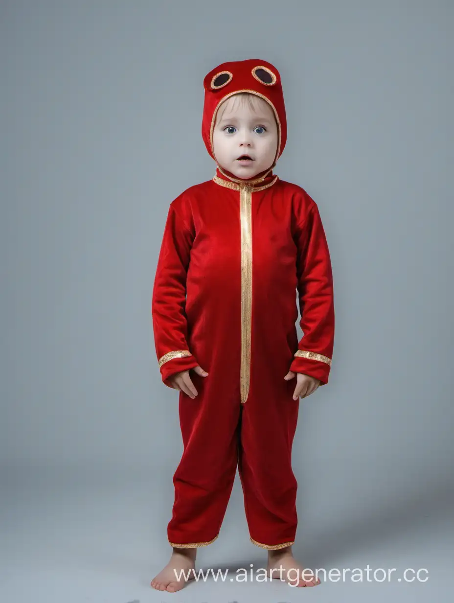 маленький ребенок стоит в красном костюме
