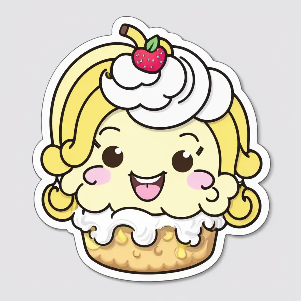 Sticker, Laughing KAWAII banana shortcake with Whipped Cream Hair, food illustration, mixed 
styles, contour, vector, white background