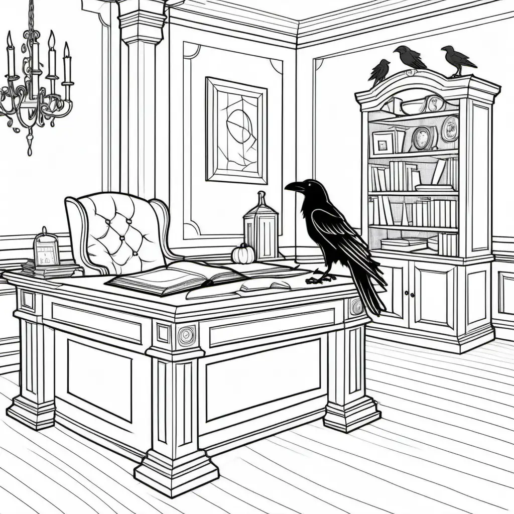 a simple black and white coloring book image inside drawing room with one raven on desk at halloween, for coloring