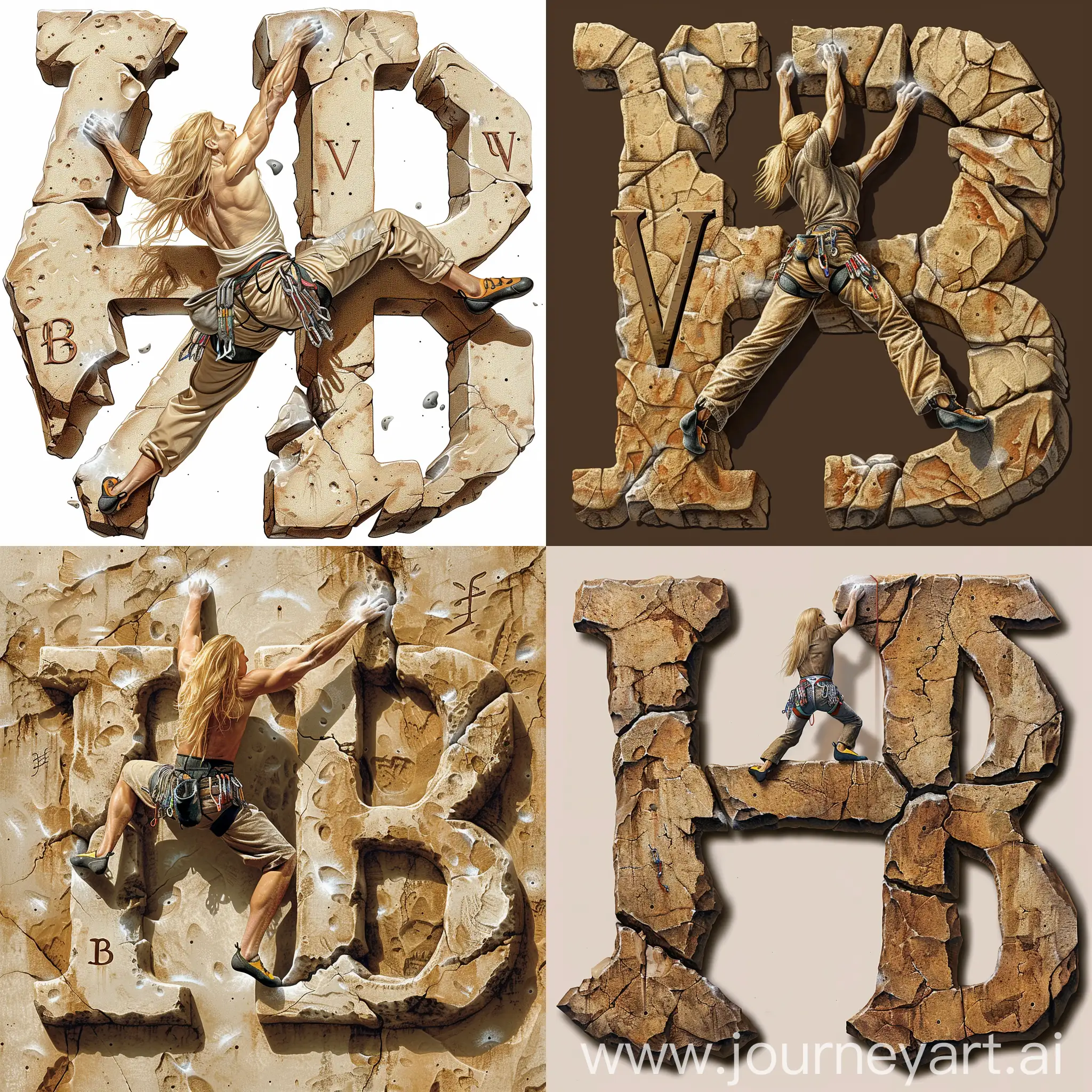 create a picture of a climber that is crack climbing on the letters: H, v, B. It should look like real rock. The climber should be a male with long blond hair. 