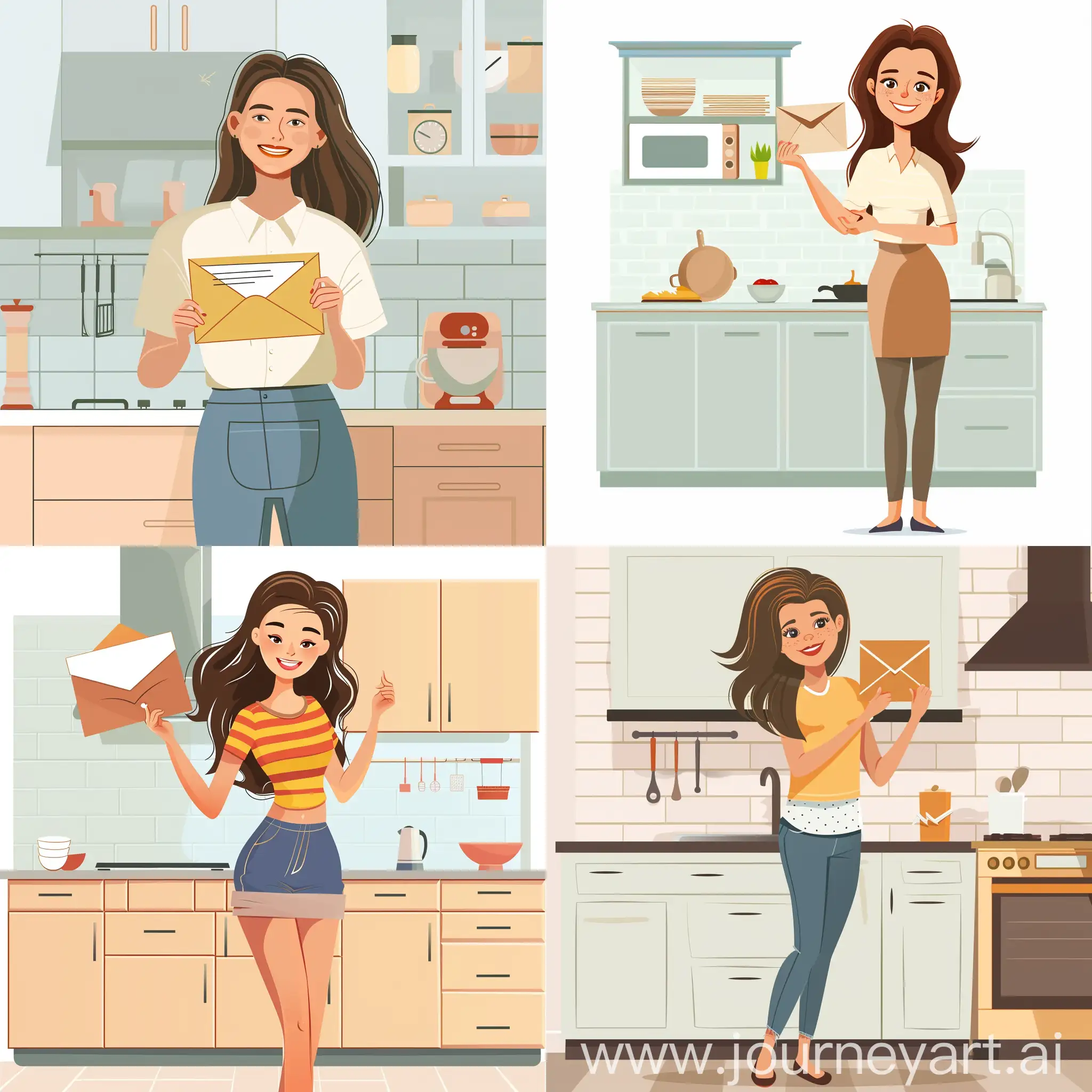 cartoonish woman standing in the kitchen holding a while letter envelope smiling