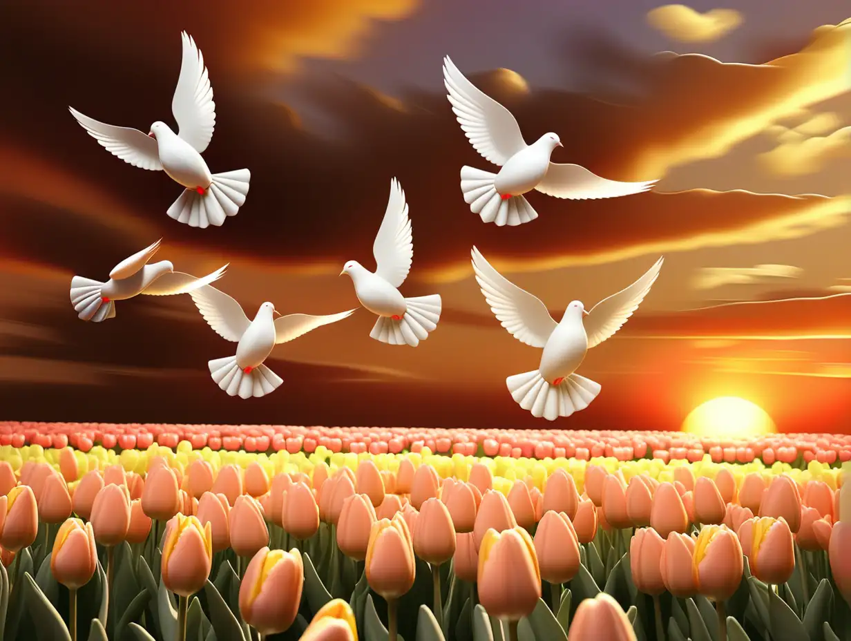 Graceful Doves Soaring Above Sunset Tulip Field