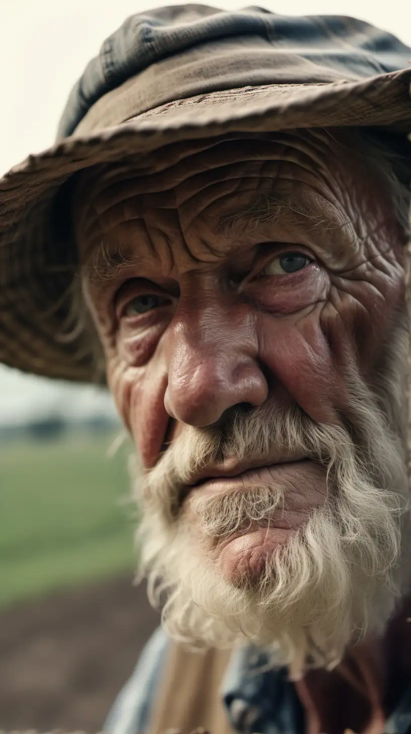 Weathered Farmer Close-Up Photography featuring an old farmer from the USA in a close-up. Realistic portrayal capturing the weathered and experienced features, 50mm lens, Close-Up, Natural Light, High Resolution (4K)