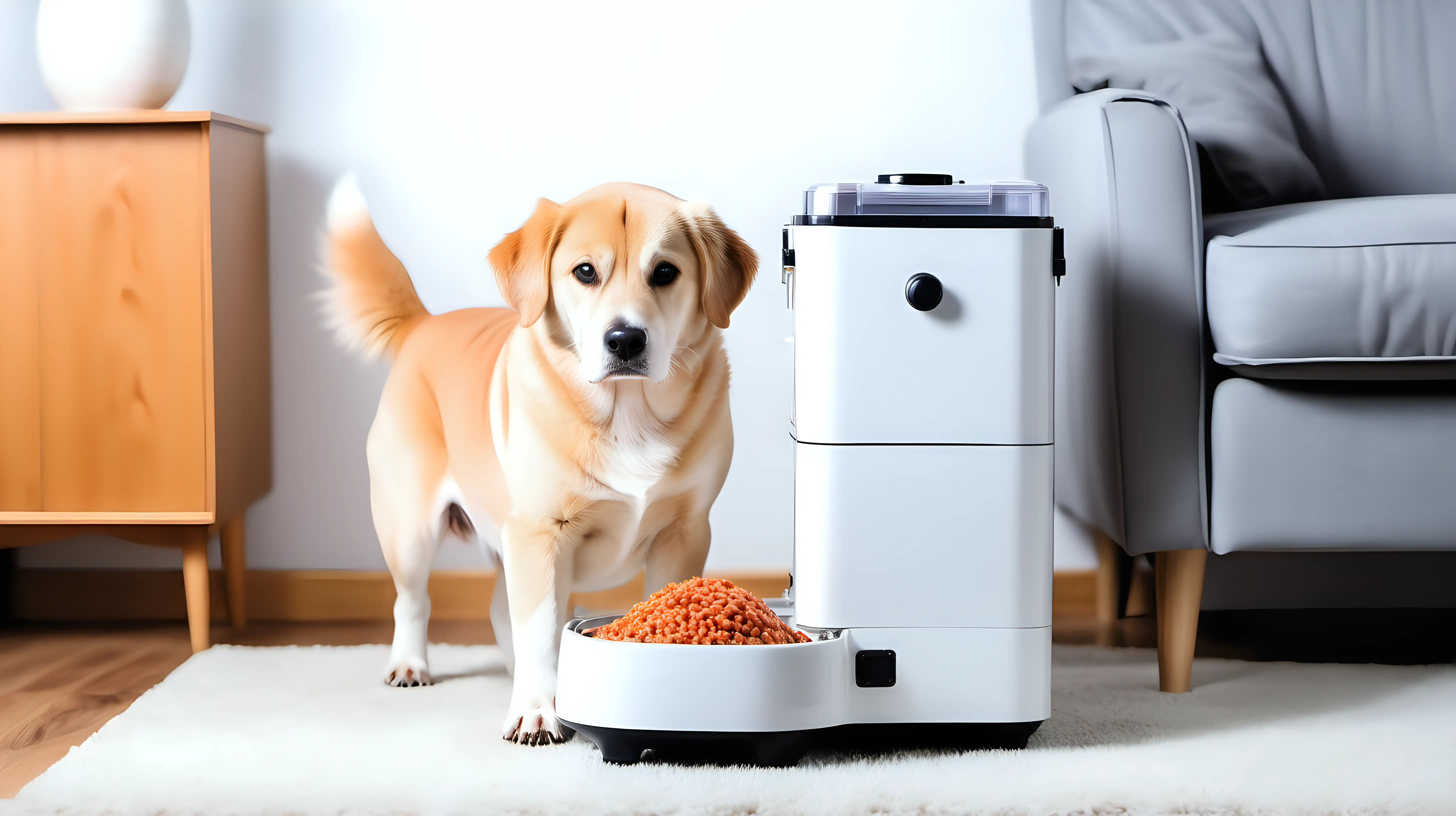 Minimal Automatic Food Dispenser with Dog in Bright Living Room