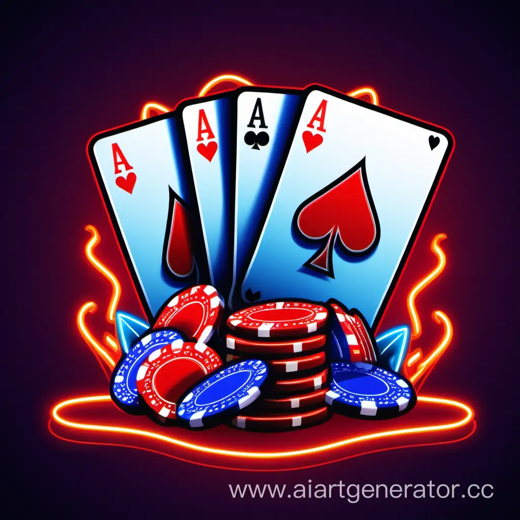 poker cards, two Aces, neon, fire, chips