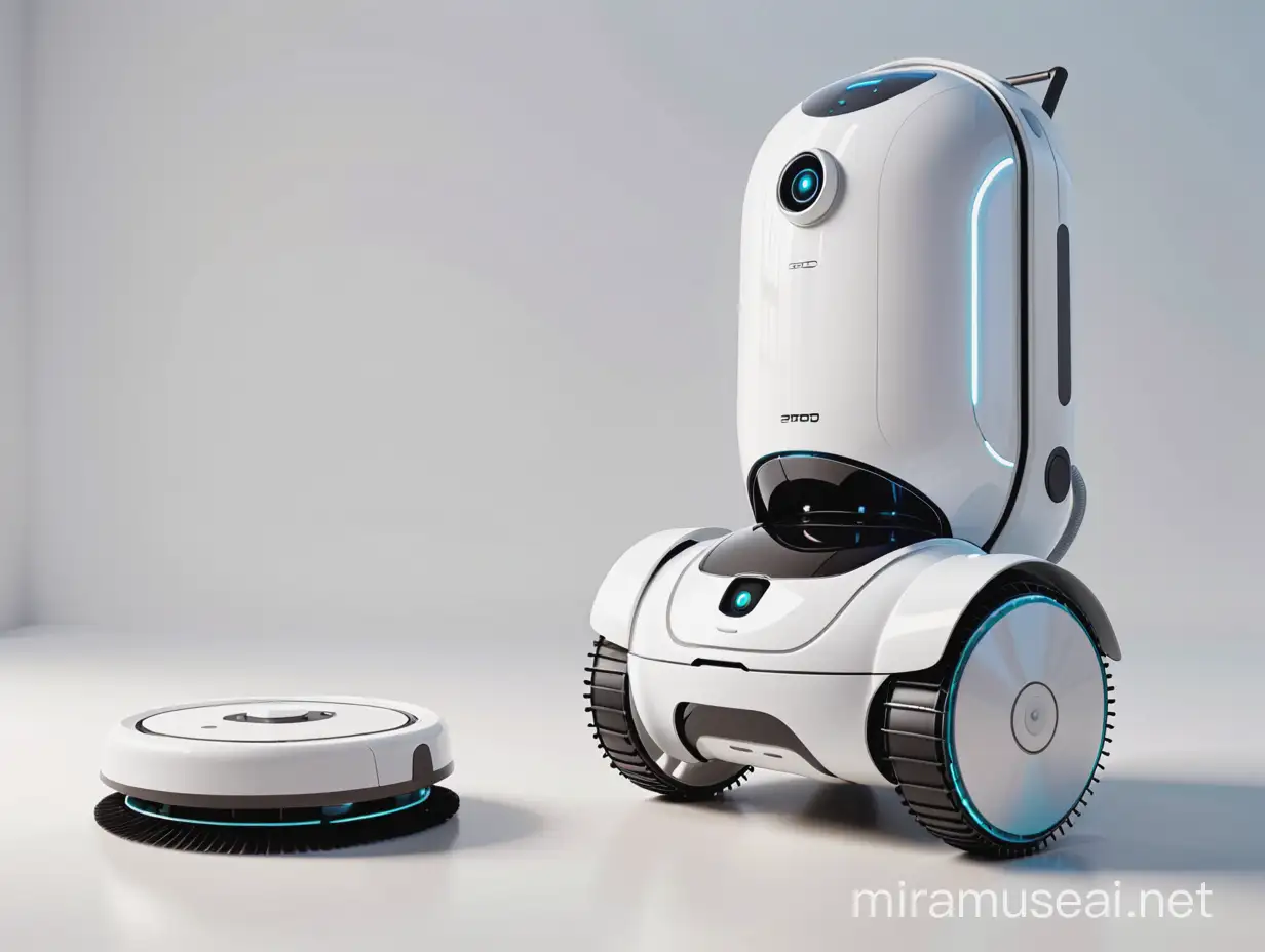futuristic standard domestic android robot, spotless white chassis, cleaning utility functions, sleek hi-tech white vacuum-cleaner feet, schematic 3d-printing render concept reference sheet