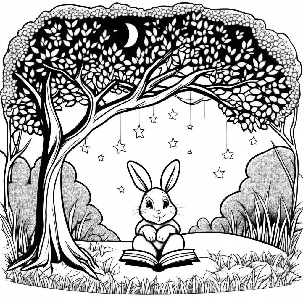 a rabbit reading book under the tree, moonlight
, Coloring Page, black and white, line art, white background, Simplicity, Ample White Space. The background of the coloring page is plain white to make it easy for young children to color within the lines. The outlines of all the subjects are easy to distinguish, making it simple for kids to color without too much difficulty