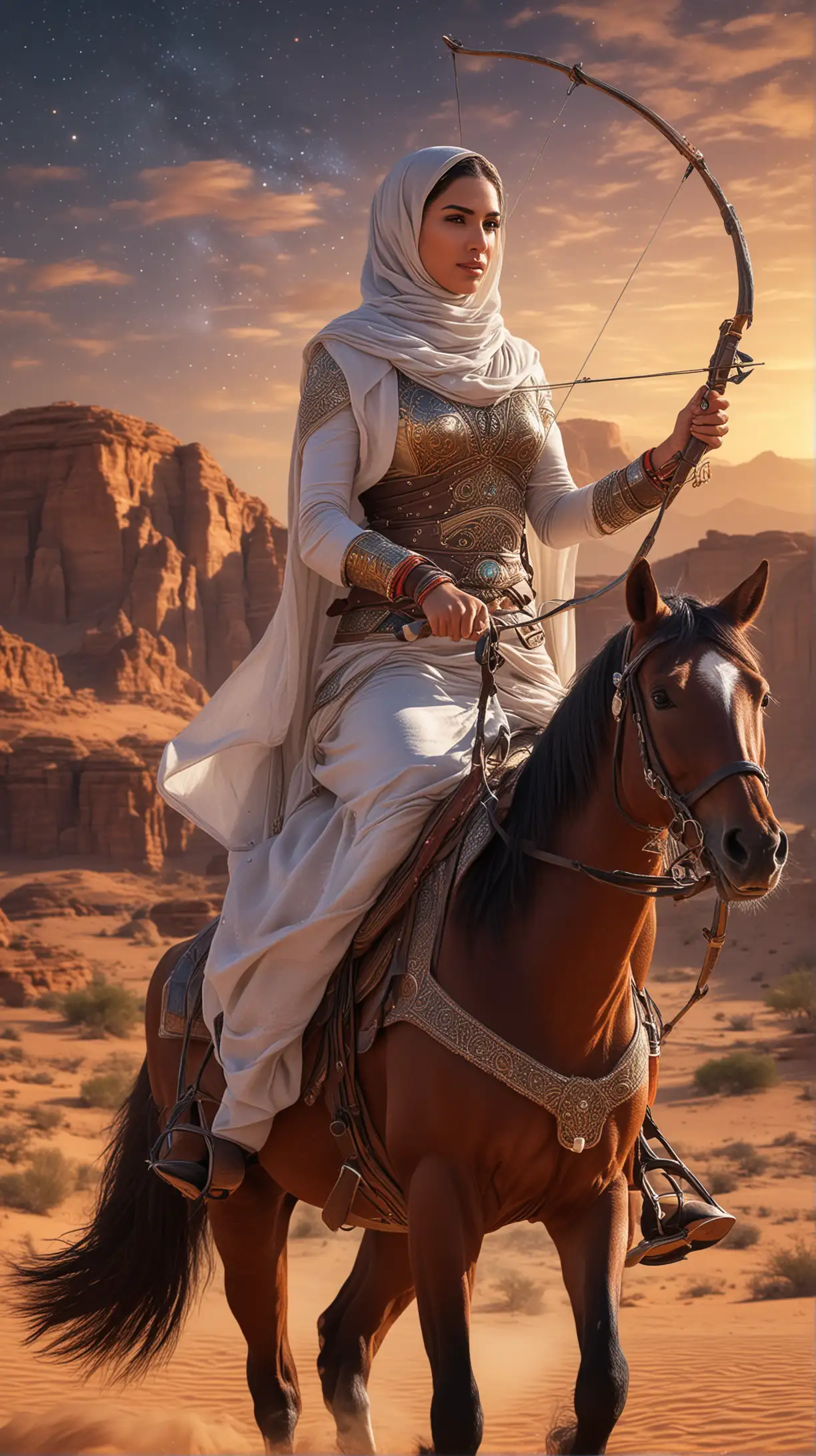 An arabic woman wearing hijab riding horse with archery in her back, vibrant, majestic landscape of desert in with petra build  site background, milky way,  beautiful sky and star. heroin vibe character, realistic, illustration, ultra detailed for everything, high quality, render, stable diffusion, beautiful vibrannce palette colors, full shot distance view, photography style, --ar 9:11