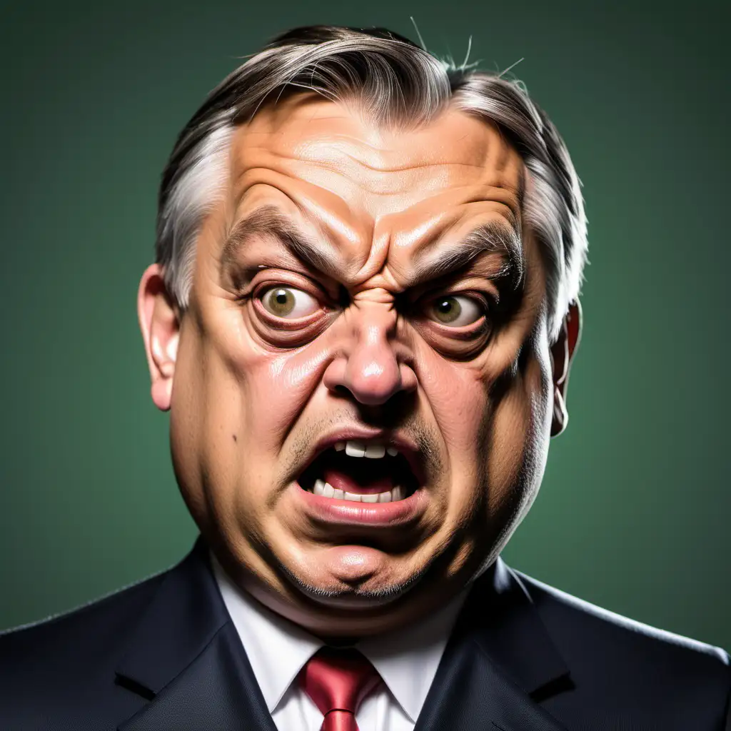 Create a caricature of Viktor Orbán as he would look like when he gets angry, in the style of cartoon characters