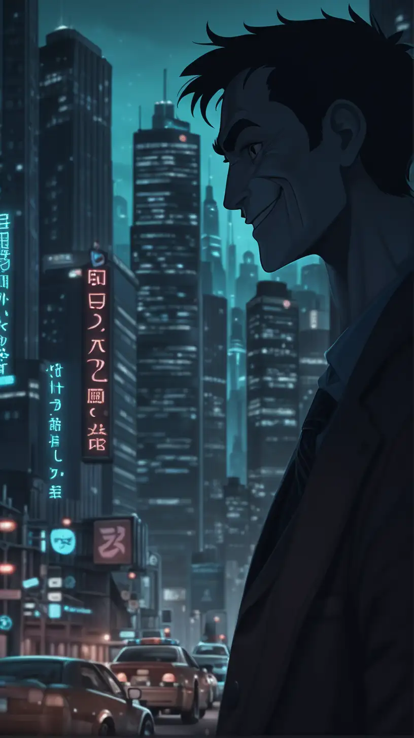 background is dark, show a character that is smirking while talking to another person, background city, movie type style