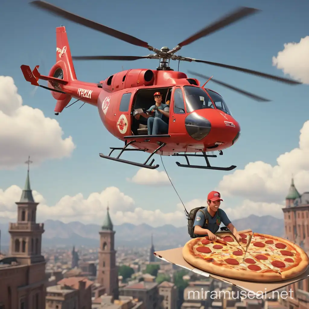 Pizza delivery guy in a helicopter :: 3D animation