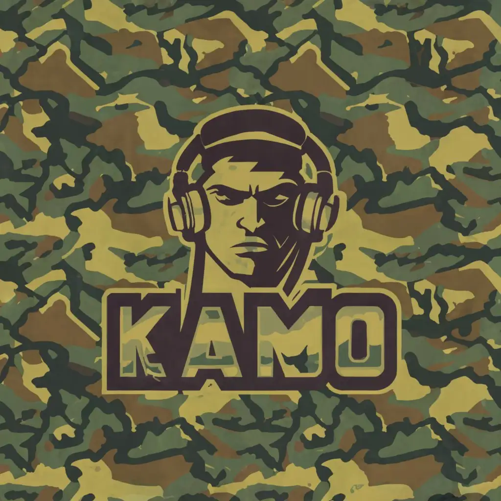 a logo design,with the text 'DJ KAMO', main symbol: Soldier face with camouflage paint and DJ headphones, plain black background 