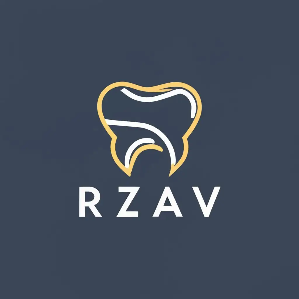 logo, The letter R is transforming into a tooth, golden lines, with the text "Razavi", typography, be used in Medical Dental industry