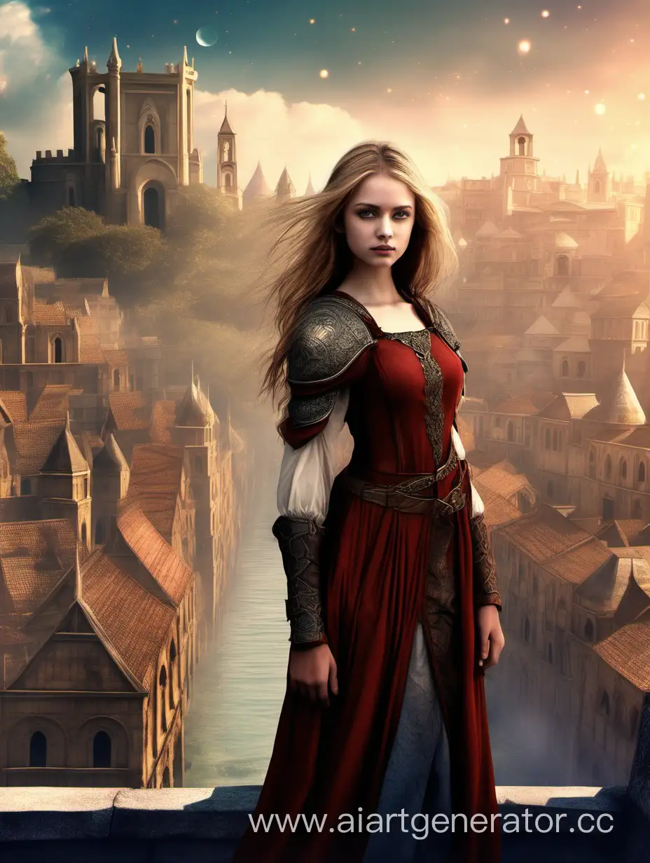 Обложка для любовного фентези про другие миры девушка стоит на фоне старинного города одета в средневековую одежду