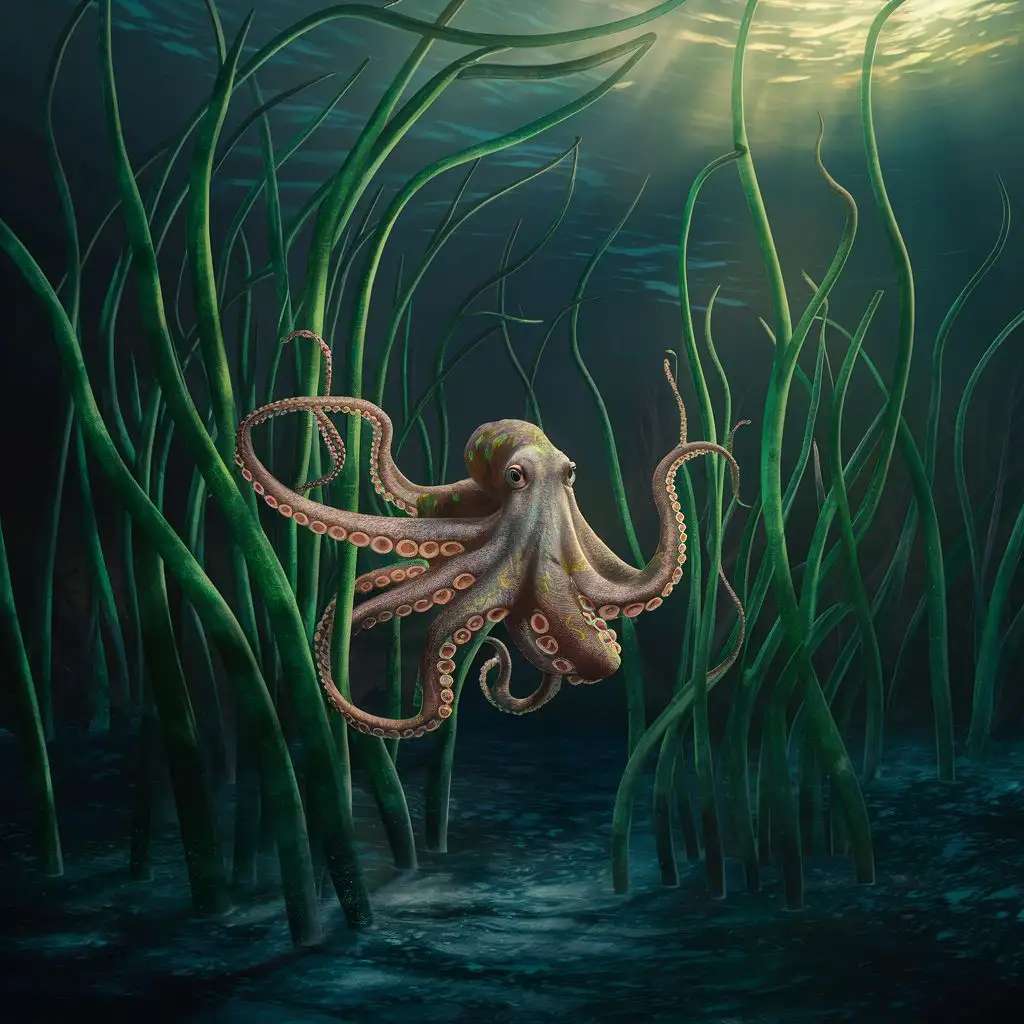 octopus swimming among tall wavy green reeds  in ocean 