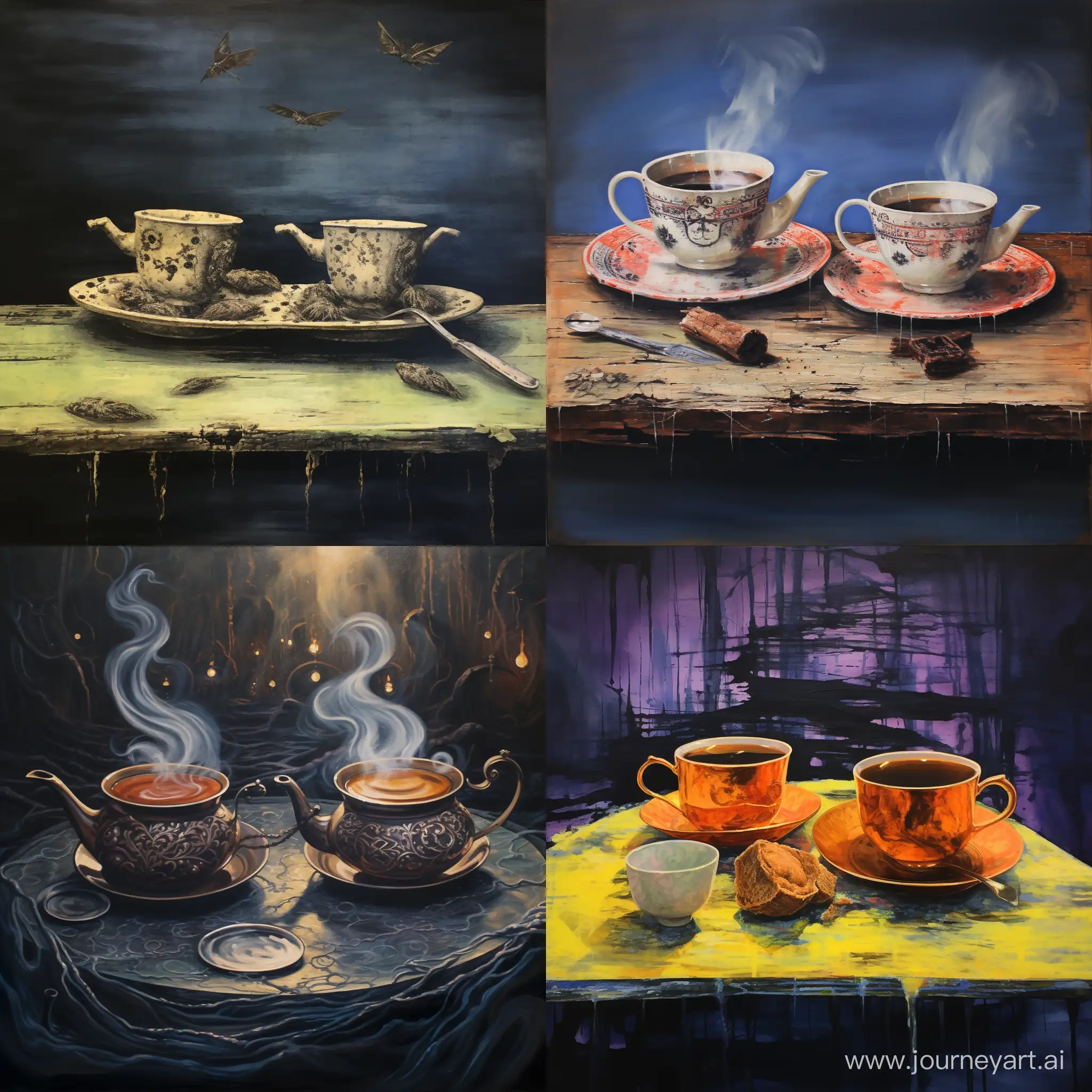 a david style inspired painting of a damping smoking tray of 2 cups of tea with a poisonous magical dangerous content