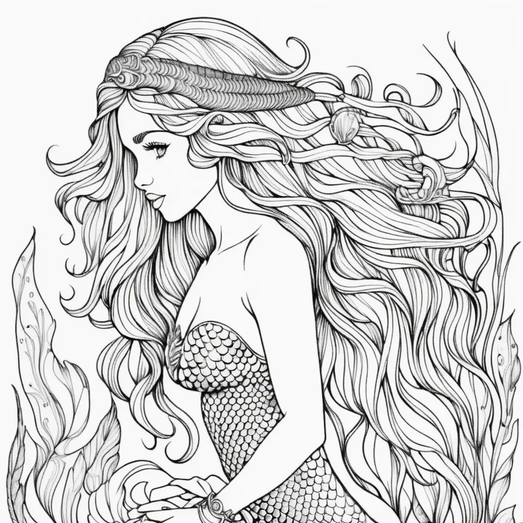 adult coloring page, mermaid, white background
