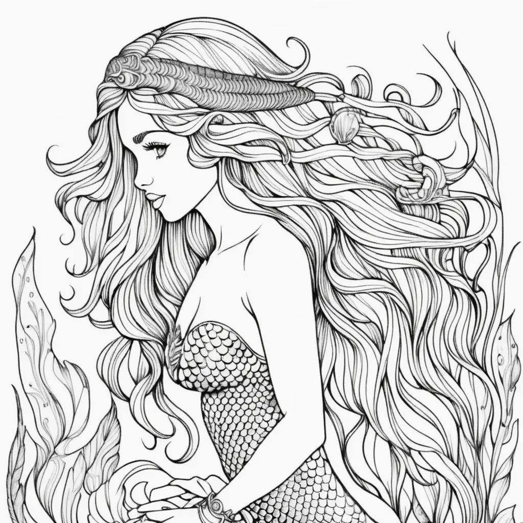 Mermaid Adult Coloring Page on White Background