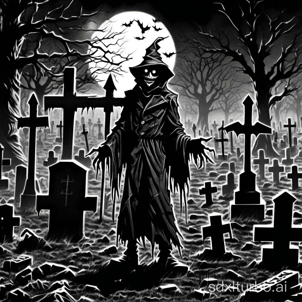 a scarecrow:ghoul:warlock in a cemetery, at night, dreadful dark and moody atmosphere, close up, 1bit bw, style of 1981 Basic Dungeons and Dragons, by Erol Otus,
