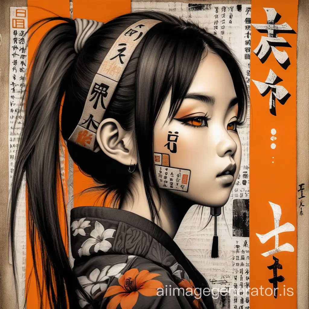 Asian-Woman-with-Edgy-Facial-Expression-and-Kanji-Collage-Art-in-Black-and-Orange-Tones