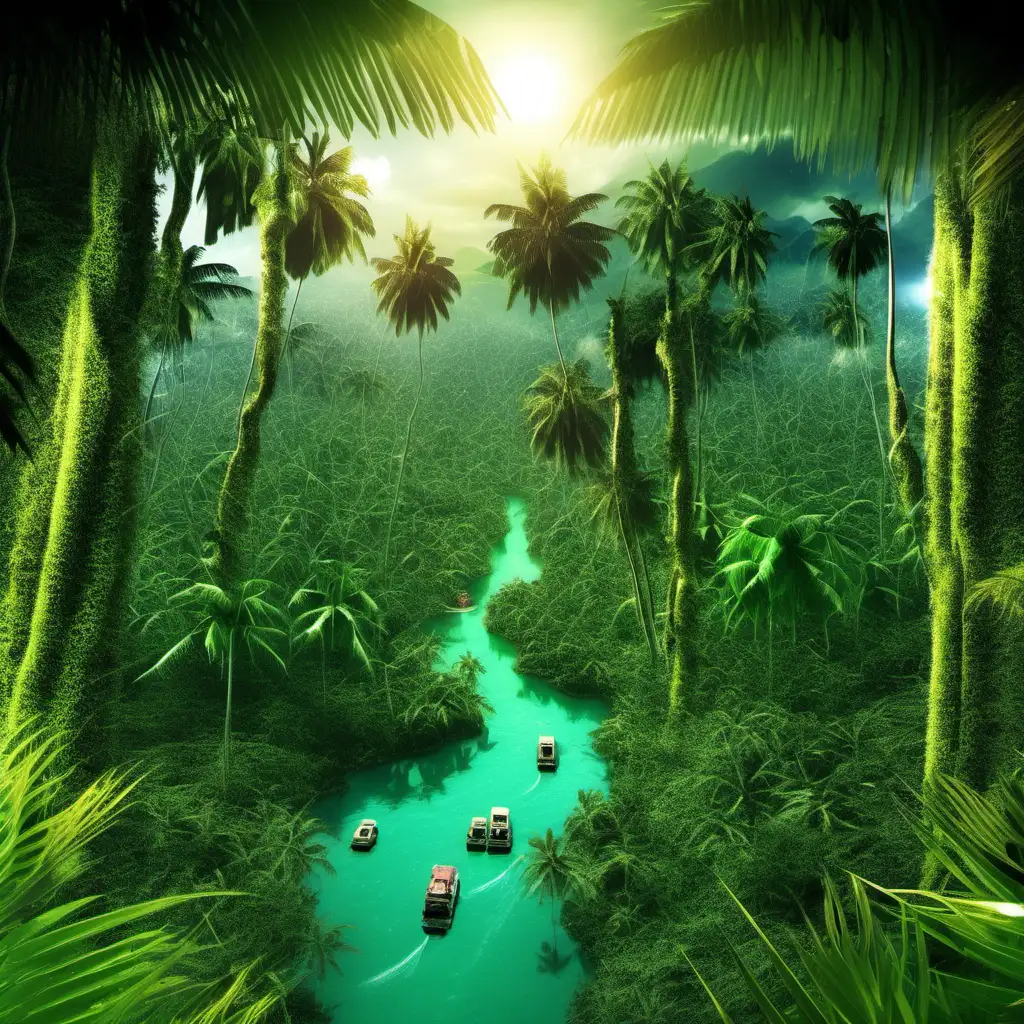 Explore the Multiverse: Unique Destinations for Interdimensional Travelers. Destination 2: The Luscious Jungles" Your task is to generate a beautiful image that evokes wanderlust and wonder for an interdimensional travel company's website. The image should feature a beautiful realistic lush jungle landscape and include travellers in the image looking at a beautiful sight. Make sure the image is photo realistic and includes people.


